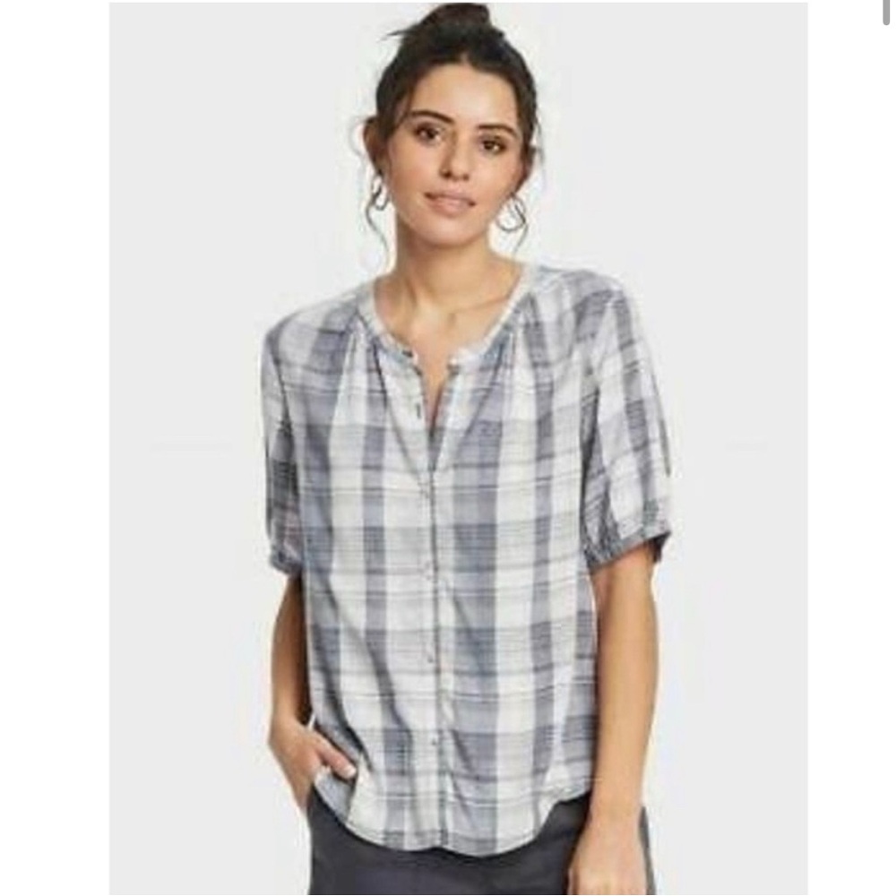 Universal Thread Plaid Puff Short Sleeve Button-Down Blouse Xl 1X